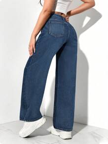 SHEIN PETITE 女士休闲宽松口袋阔腿牛仔裤 - 藍白色 - 查看 2