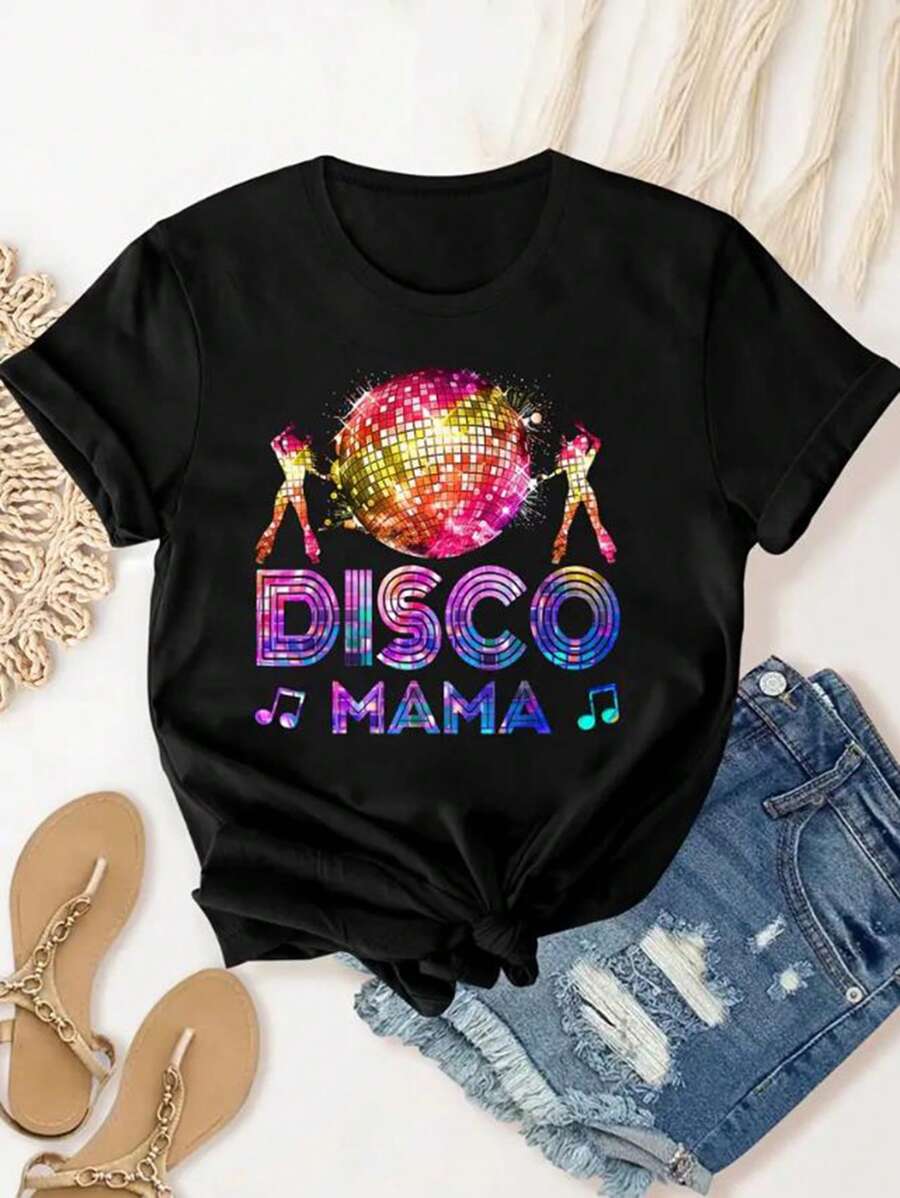 Women Plus Size Music Festival Disco Graphic Short Sleeve Round Neck Casual Athletic T-Shirt, Suitable For Running, Fitness - Black - View 1