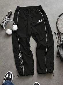 Gym Rark Men's Casual Sports Contrast Trim Printed Drawstring Pants Workout Clothes Running Pants Sweat Pants - Black - View 3