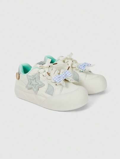 Kawaii Women's Blue Bow Lace-Up Casual Soft-Sole Lightweight Running Shoes, Mary Jane Pumps, Sweet Flats