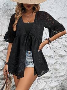 SHEIN LUNE Women Lace Black Short Sleeve Blouse Black Beach Cover Up Lace Kimono Black Summer Top Black Cover Up Black Bathing Suit Cover Up - Black - View 5
