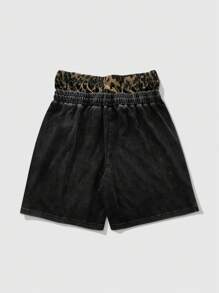 ROMWE MEN Street Life Men's Street Style Washed Leopard Patchwork Cargo Shorts With Double Waistband Design