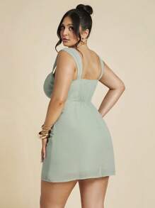 SHEIN BAE 大码女式绿色褶皱无袖迷你连衣裙，夏季，毕业典礼 - 綠色 - 查看 7