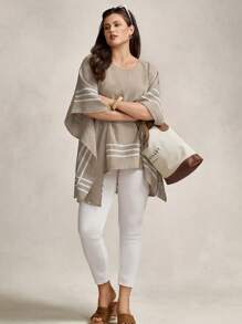 SHEIN LUNE 加大码女式休闲宽松条纹蝙蝠袖百搭衬衫斗篷度假女士海滩节商务休闲女士海军蓝航海休闲女士沿海航海舒适休闲风格轻松度假风格假日波西米亚风 - 卡其色 - 查看 5