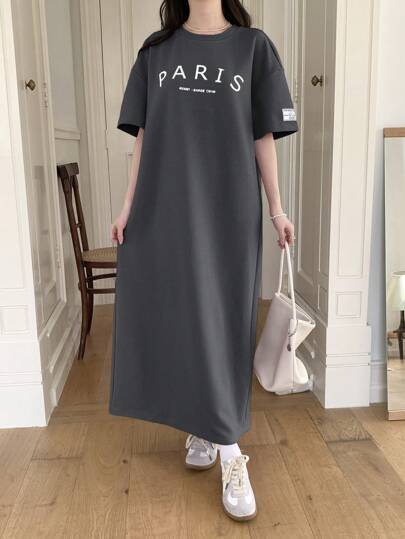 SHEIN 少女灰色针织圆领宽松休闲字母印花袖蝴蝶结装饰街头女孩长款短袖连衣裙，适合日常穿着，休闲校园，返校，情人节，夏装T恤连衣裙长款连衣裙休闲连衣裙巴黎连衣裙