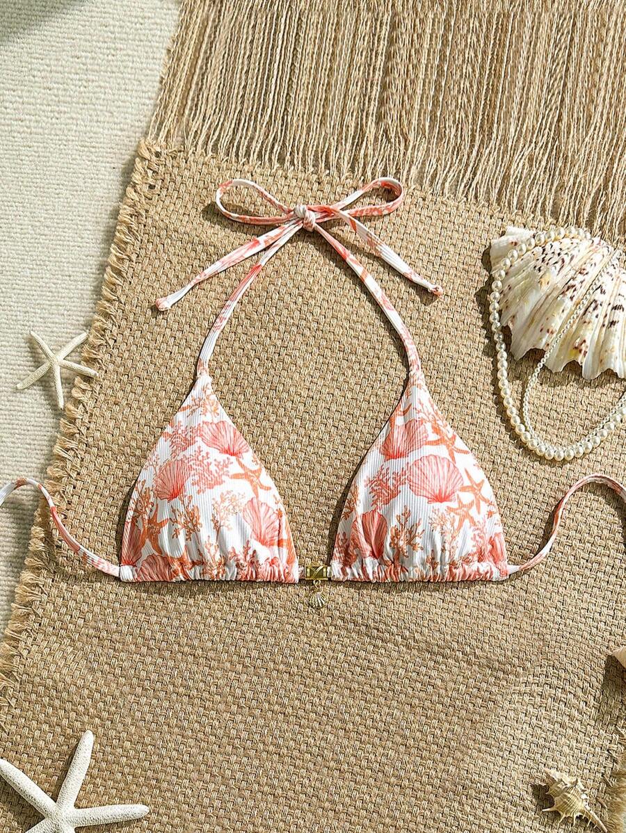 SHEIN Áo bơi hở lưng tam giác gợi cảm in họa tiết ngẫu nhiên vải có gân trang trí ngày lễ mùa hè - Nhiều màu - Xem 1