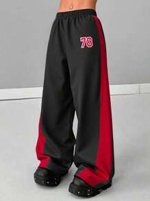 Sparklyn Teens' Street Style Sporty Hip Hop Influencer Colorblock Digit Print Loose Fit Pants - Black - View 3
