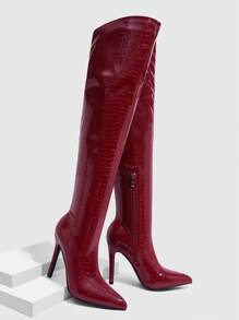 CUCCOO SZL 尖头细高跟过膝长靴，时尚性感派对俱乐部装，酒红色弹力修身过膝长靴 - 酒紅色 - 查看 4
