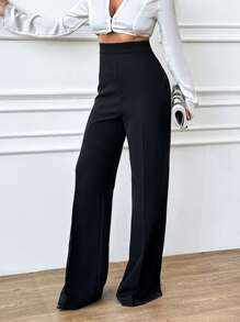 Pantalones Casuales De Cintura Alta Y Pierna Ancha Para Mujeres En Un Solo Color, Largo Completo