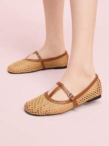 CUCCOO DOLLMOD Women's Fashion Apricot T-Strap Hollow-Out Woven Flat Shoes - Apricot - View 3