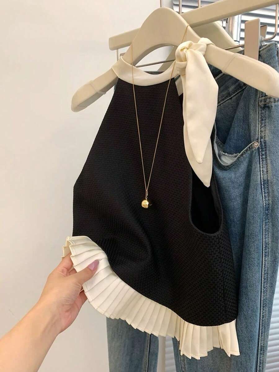 SHEIN Frenchy Top halter con volantes en el bajo, contraste de color para mujeres - Negro - Ver 1