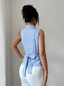 Selianne 女装夏季新款V领条纹休闲修身无袖衬衫（随机印花） - 藍白色 - 查看 2