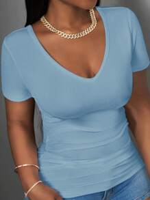 Slaydiva 女士休闲罗纹 V 领无袖工字背心 T 恤，白色 - 藍色 - 查看 1