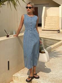 DAZY Western Style Round Neck Striped Sleeveless Women Denim Dress, Summer Vacation Outfits Women - Medium Wash - View 7