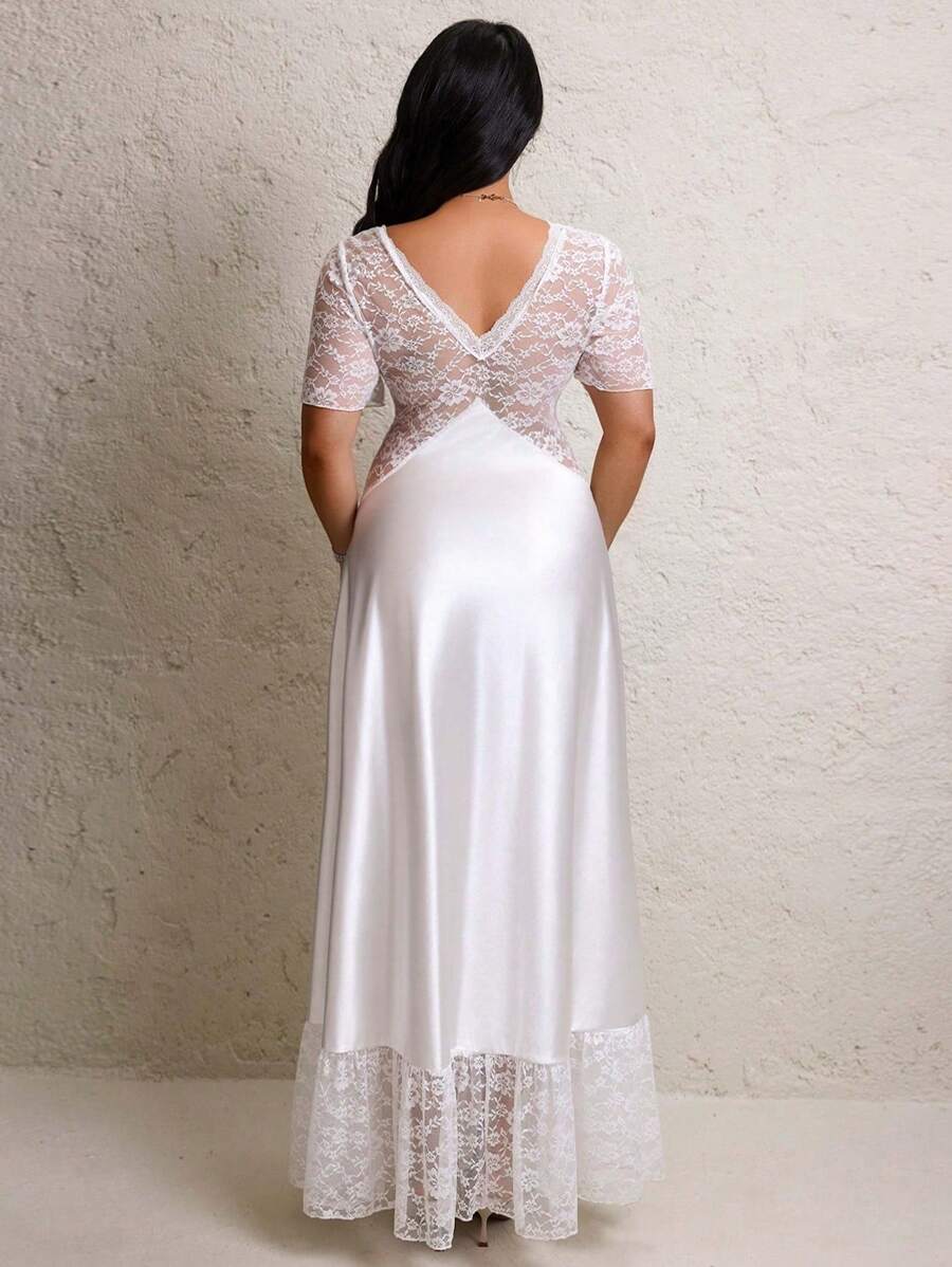 SHEIN Belle Gaun Panjang Berenda Gaya Prancis Warna Polos Elegan Ukuran Plus - Putih - View 1