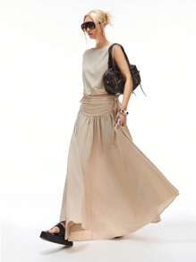 LYSMO 2025 春夏新品女式圆领无袖上衣，花瓣下摆，宽松版型，搭配亚麻质地腰部褶皱 A 字裙，复古休闲风格，波西米亚风，田园风情，极简休闲装 - 杏色 - 查看 1