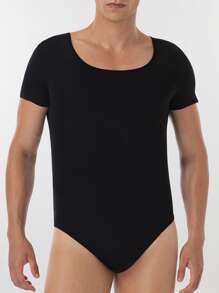 SHEIN 1pc Men's Solid Color Short Sleeve Black Shapewear Bodysuit, Fashion Fit For Summer - Black - View 4