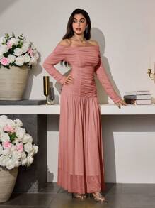 Modelyn Gaun Maxi Panjang Wanita Model Off Shoulder, Romantis, Elegan, Berlipit, Berbentuk Lonceng, Modis, Musim Semi/Panas - Dusty Pink - View 7