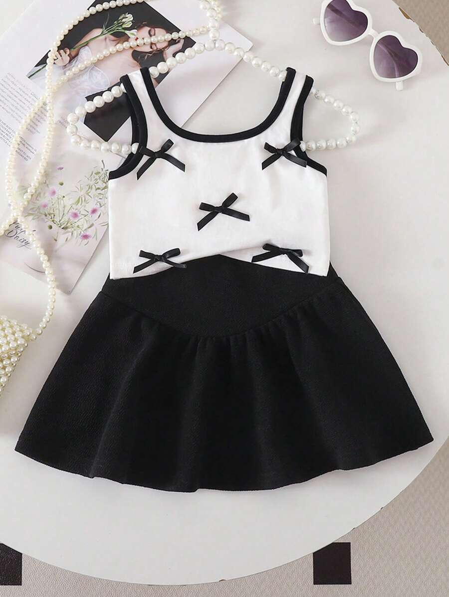 SHEIN 女婴拼色蝴蝶结装饰无袖上衣和纯色裙子套装 - 黑與白 - 查看 1