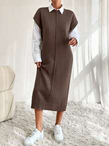 EURMUSE Solid Button Detail Batwing Sleeve Sweater Dresss - Brown - View 5