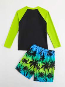 Tween Boys 2pcs Swimwear Set: Long Sleeve Solid Rashguard Top And Palm Tree Letter Print Pattern Gradient Swim Trunks
