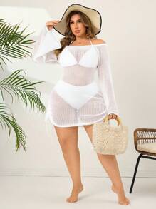 SHEIN Swim Plus Size Women Knitted White Off Shoulder Side Drawstring Vacation Beach Cover Up