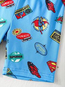SUPERMAN X SHEIN Young Boy Casual Graphic Colorblock Short Sleeve T-Shirt And Fitted Shorts Pajama Set