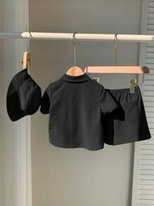SHEIN 3 pièces/Set Top de cardigan à col brodé à manches courtes pour bébé garçon, shorts à taille élastique et chapeau