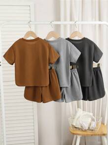 3pcs/Set Young Boy Waffle Knit 2pcs Set, Grey, Dark Grey, Brown - Multicolor - View 2