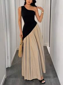 Chiquease 1 件女式无袖单肩褶饰设计连衣裙 - 黑色 - 查看 1