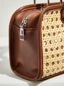 SHECARRY Women Fashion Elegant Minimalist Versatile Woven Cutout Patchwork PU Handbag, Suitable For Summer, Vacation, Dating, Commuting, Gathering