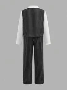 2 件儿童/青少年男孩休闲校服套装：长袖条纹衬衫、背心和长裤，绅士西装套装适合学校、花园、海滩、生日、春夏秋冬 - 黑色 - 查看 6