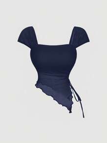 SHEIN MOD 海军蓝可爱系带女式 T 恤，休闲外套上衣 - 藏蓝色 - 查看 3