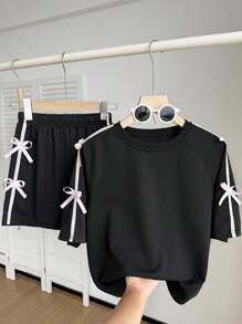 2pcs/Set Girls Casual All-Match Daily Sports Style Fashion Co-Ord Set: Loose Knit T-Shirt With 3D Bow Trim + Shorts