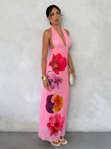 Glamine فستان طباعة الأزهار بياقة على شكل حرف V، وخصر مربوط، بأسلوب أوروبي وأمريكي مناسب للرحلات والعطلات - متعدد الألوان - مشاهدة 4