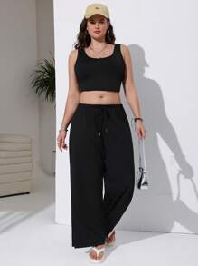 Calça de moletom plus size com amarração frontal e cor sólida simples e casual