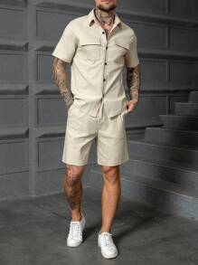 Manfinity Homme Conjunto informal de camisa de manga corta y pantalones cortos de unicolor para hombres, verano