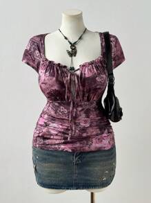 Flirla Plus Size Women's Cowl Neck Short Sleeve Puff Sleeve Rose & Cashew Flower Vintage Print Slim Fit Casual T-Shirt, Spring/Summer  Vintage - Multicolor - View 4