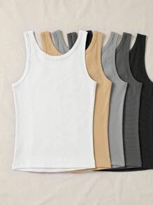 SHEIN LUNE Women's Solid Color Crew Neck Ribbed Knit Tank Top, Casual For Summer , Basic Tops - Multicolor - View 2