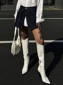 DAZY 女士牛仔裙，侧开衩，裹身设计牛仔裙 - 深色水洗藍 - 查看 4