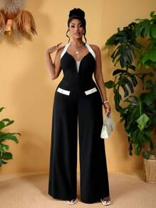 Maweii 大码女式性感黑白拼布心形领无袖阔腿连体裤