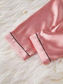 Tween Girls School Girl Style Pajamas Set, Watermelon Pink Simple Fabric Long Pants & Short Sleeve Cardigan Loungewear - Watermelon Pink - View 8