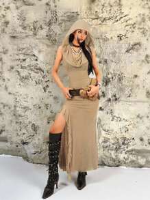 INAWLY Đầm dài trùm đầu xẻ cao xếp nếp thời trang nữ - Màu Khaki - Xem 6