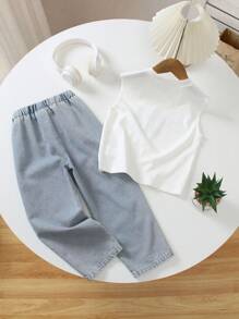 Young Boy Round Neck Print Graphic Tank Top Paired With Denim Jeans, Casual Personalized Outfit Suitable For Daily Life, Summer, Holiday, Summer, Travel, School, Campus, College - Multicolor - View 2