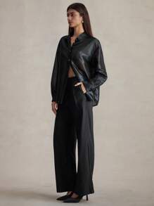 Briarwyn Shiny Loose Solid Front Button Long Sleeve Shirt, Style Summer And Beach 4th Of July Airport