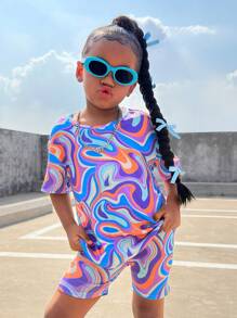 SHEIN Young Girl Casual Knit Colorful Graphic Print Short Sleeve Top And Shorts 2 Pieces Set