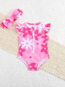 Newborn Floral Ruffled One-Piece Swimsuit With Headband Set,Newborn Baby Girl Clothing For Summer,Cute Beach Holiday Outfits - Multicolor - View 5