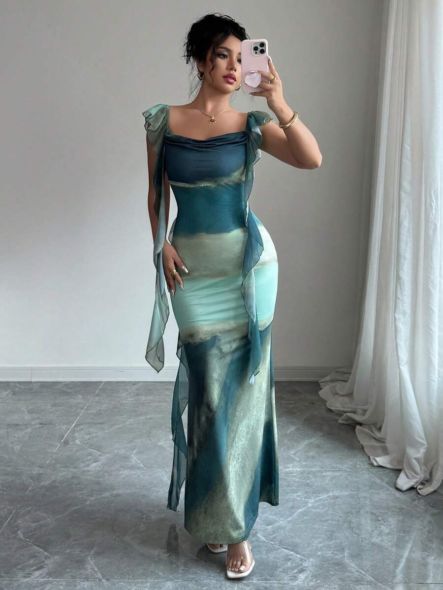 Elenzga 腰部收紧数码印花荷叶边下摆优雅浪漫女式连衣裙 - 彩色 - 查看 1