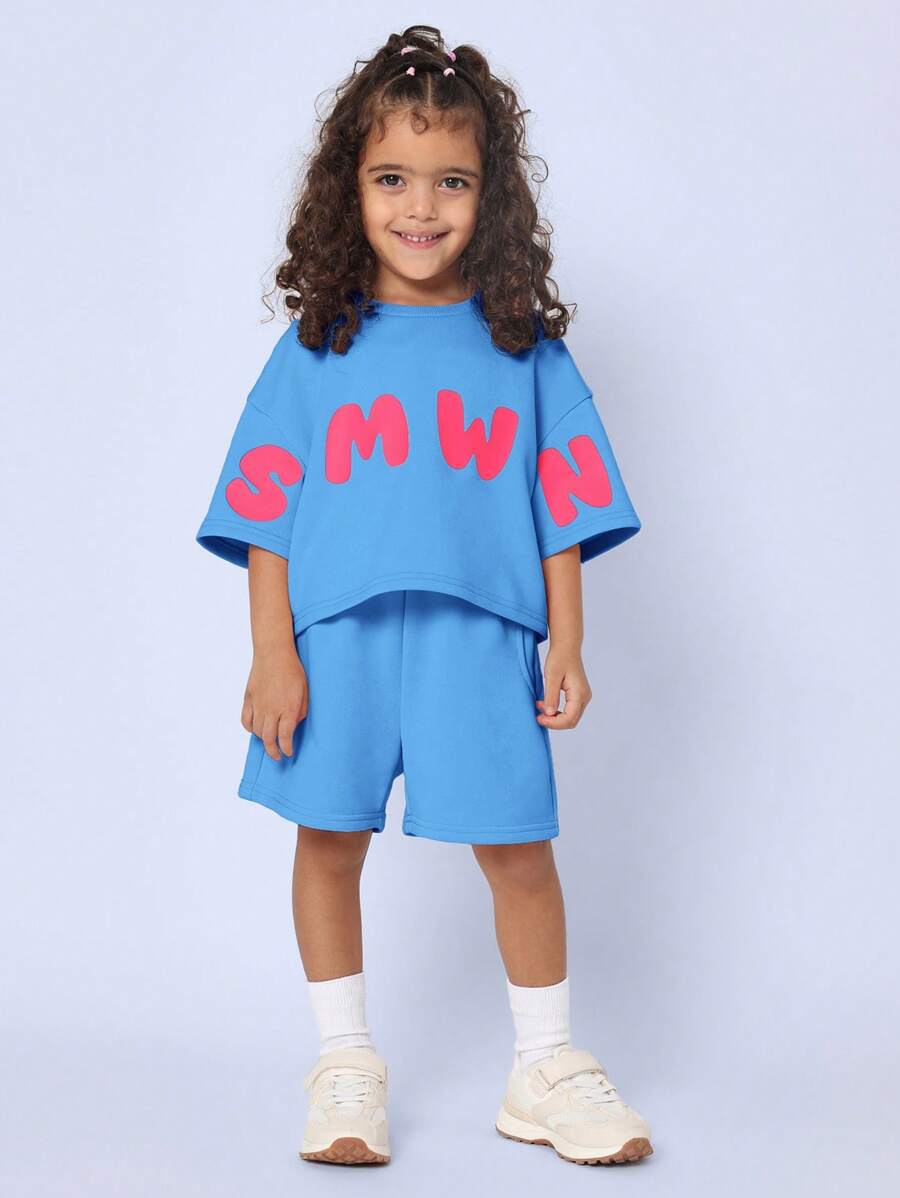 SUMWON Summer Playful Co-Ord Short Sleeve Performance Sportswear Set Active Kids Letters Comfortable Wear Everyday Playwear Cozy - Blue - View 1
