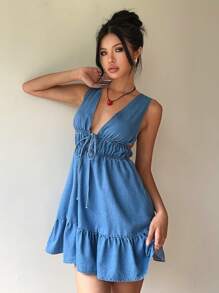 Aloruh 女士牛仔无袖迷你连衣裙，休闲修身，蓝色 - 藍色 - 查看 3